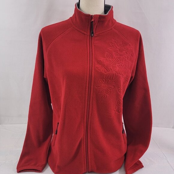Fuda Women’s Red Fleece Floral Impressed Full Zip Jacket – Size Small - Picture 15 of 16